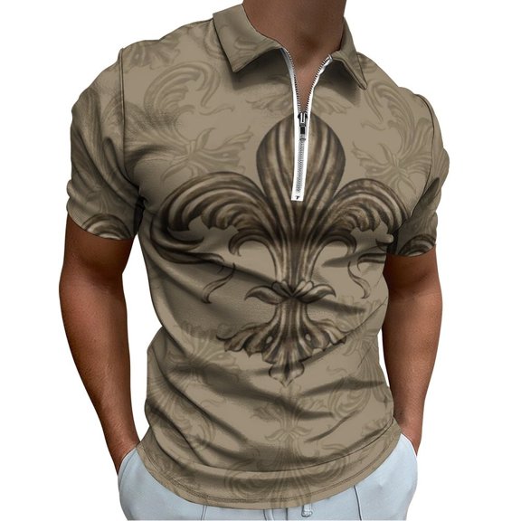 Vintage Fleur-de-lis Sepia Men Zipper T-shirt Summer Casual Short Sleeve T-shirt Top