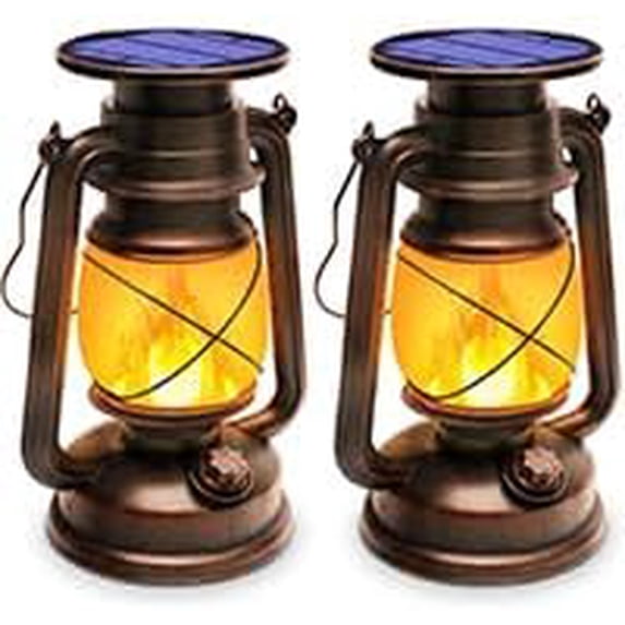 Solar Lantern Outdoor Waterproof,LED Vintage Flickering Flame Solar Lights,Camping Lamps,Solar Powered Hanging Rustic Heavy Duty Lantern Landscape Decor for Patio Garden Yard Deck Pathway,2Pack