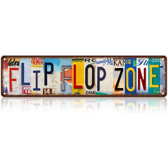 Vintage Flip Flop Zone Metal Tin Signs Street Signs Home Wall Decor 16 x 4 Inches For Bar Wall Decor Chicken Coop Coffee Bar Billiards Bathroom Wooden sign