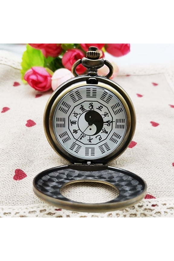Vintage Flip Pocket Watch Bagua Feng Shui Quartz Necklace Pendant Clock for Men Women Spiritual Gift Accessory