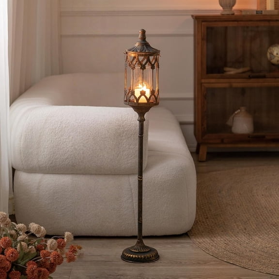Vintage Floor Candelabra - Tall Antique Candle Holder with Glass Lantern, Rustic Gothic Metal Pillar Stand for Home Decor, Wedding & Event Centerpiece