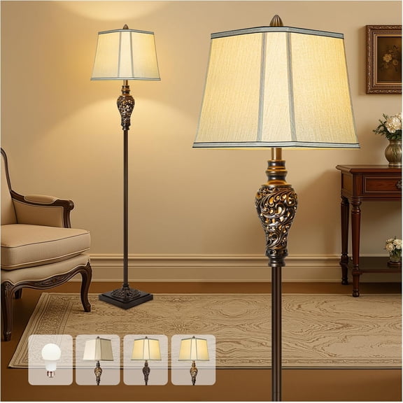 Vintage Floor Lamp with Night Light for Bedroom, Dark Brown Finish | Beige Faux Silk Lampshade, 65" Retro Standing Lamp, Farmhouse Industrial Design Tall Lamp for Living Room Bedside Corner