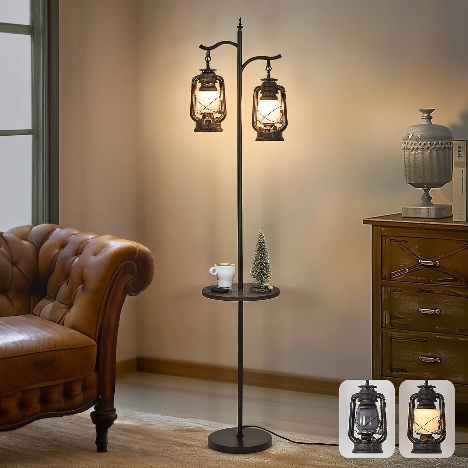 Vintage Floor Lamp with Table,Classical Lantern Standing Rustic ...