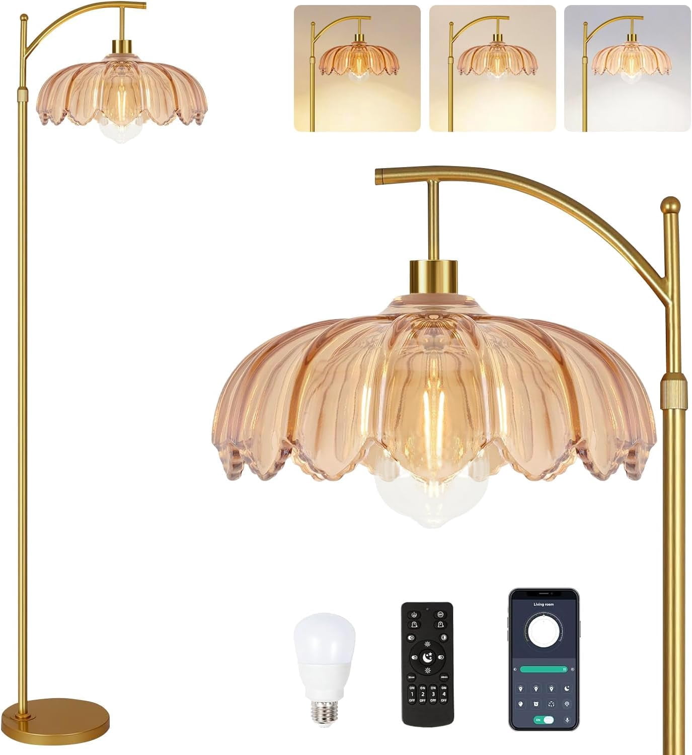 Vintage Floor Lamps For Living Room Glass Lamp With Remote Control & 3 Color Temperature Dimmable Mid Century Modern Standing Brass Tall Bedroom Corner