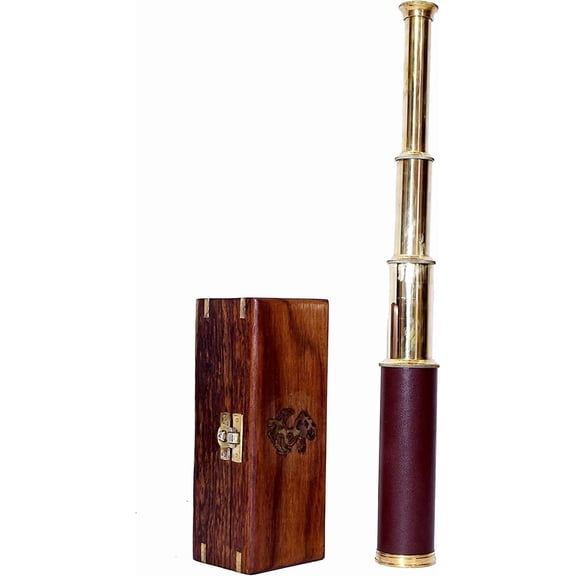 Vintage Brass Pirate Spyglass Telescope with Leather Grip & Wooden Storage Box, Handcrafted Nautical Maritime Monocular Scope for Decor, Collectors & Gifts
