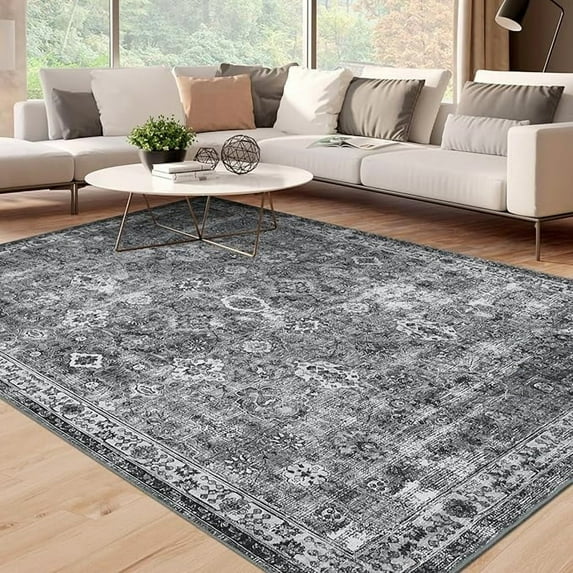 Vintage Floral 10x13 Rugs Reddish Brown Washable Area Rug for Bedroom Living Room Non Slip Boho Rug Thin Printed Faux Wool Soft Floor Carpet for Dining Room Nursery Playroom Indoor Office