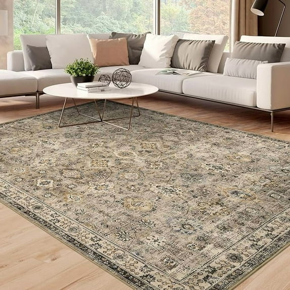 Vintage Floral 10x13 Rugs Reddish Brown Washable Area Rug for Bedroom Living Room Non Slip Boho Rug Thin Printed Faux Wool Soft Floor Carpet for Dining Room Nursery Playroom Indoor Office