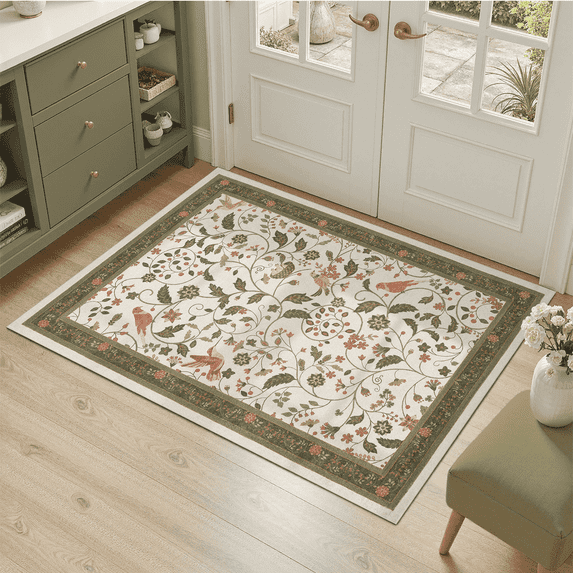 Vintage Floral 2x3 Rug, Machine Washable Botanical Bird Rug Non Slip Soft Low Pile Small Carpet for Entryway, Bathroom, Laundry Room-Olive Green