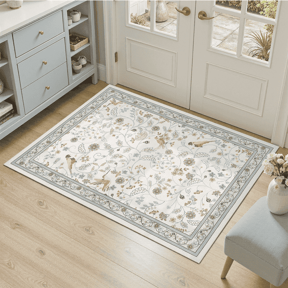 Vintage Floral 2x3 Rug, Machine Washable Botanical Bird Rug Non Slip Soft Low Pile Small Carpet for Entryway, Kitchen, Bathroom, Laundry Room-Beige