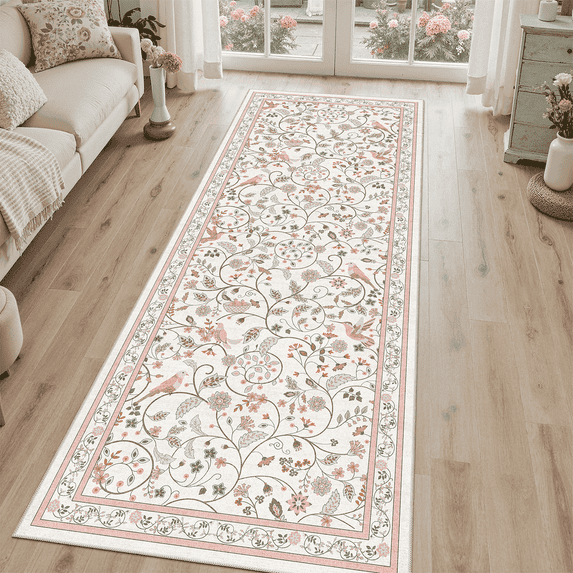 Vintage Floral 2x6 Runner Rug, Machine Washable Botanical Bird Rug Non Slip Soft Low Pile Backing Hallway Runner Rug for Entry, Front Door-Pink