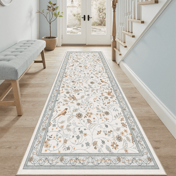 2x6 Vintage Floral Runner Rug, Washable, Botanical Bird Non-Slip, Stain-Resistant Low-Pile Rug for Kitchen, Entryway, Passage -Beige
