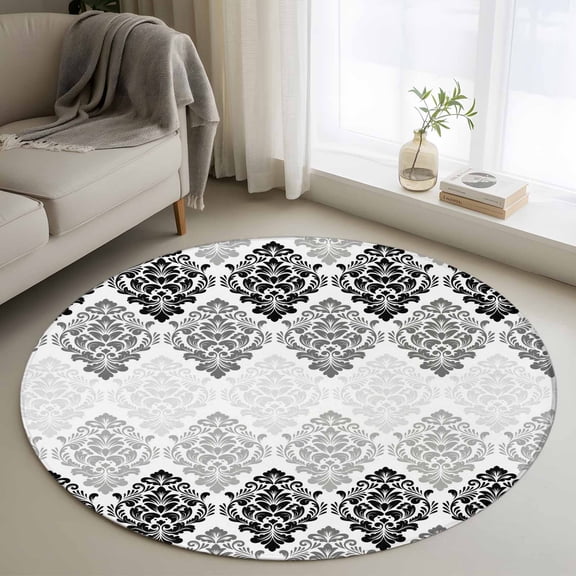 Vintage Floral 3FT Round Area Rugs Black Gray Flower Pattern Country Gradient Soft Small Round Rug Non-Slip, Ultra-Thin Indoor Circle Carpet for Bedroom Entryway Kitchen Bathroom
