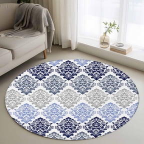 Vintage Floral 3FT Round Area Rugs Blue Gray Flower Pattern Country Gradient Soft Small Round Rug Non-Slip, Ultra-Thin Indoor Circle Carpet for Bedroom Entryway Kitchen Bathroom