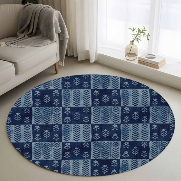 Vintage Floral 3ft Area Rug, Abstract Flowers Patchwork Country Navy Blue Washable Non-Slip Small Round Rugs for Entryway Bedroom Kitchen, Soft Circle Carpet for Dining Room, Playroom Nursery Rug