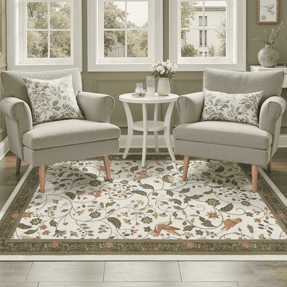 Vintage Floral 3x5 Rug, Machine Washable Botanical Bird Rug Non Slip Soft Low Pile Small Carpet for Entryway, Bathroom, Laundry Room-Olive Green