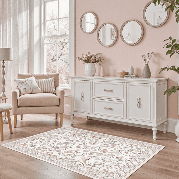 Vintage Floral 3x5 Rug, Machine Washable Botanical Bird Rug Non Slip Soft Low Pile Small Carpet for Entryway, Kitchen, Bathroom-Pink