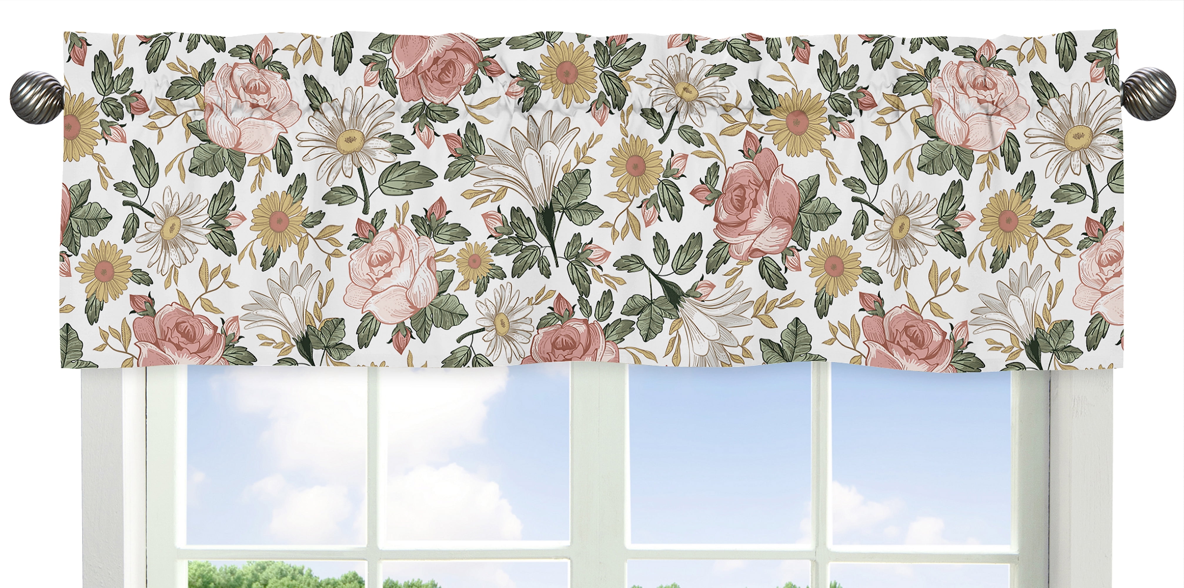 Blush Pink and Green Floral Rod Pocket Window Valance