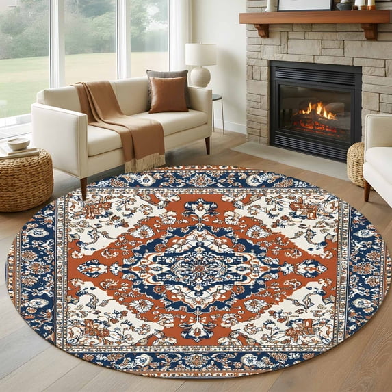 Vintage Floral 5FT Round Area Rugs for Living Room Retro Navy Classical Bohemian Farmhouse Ultra-Thin Non-Slip Round Rugs Machine Washable Low Pile Circle Carpet for Bedroom Kitchen Nursery