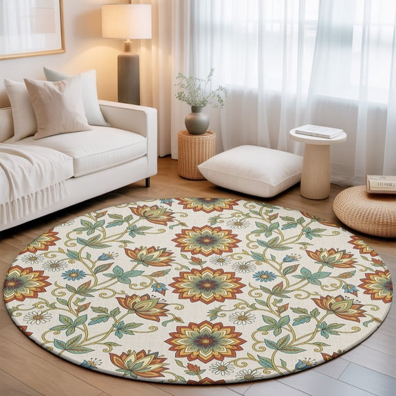 Vintage Floral 7' Round Rug for Living Room Conversation Area, Elegant Pastel Botanical Flower Vines Leaf Beige Washable Non Slip Large Circle Area Rug