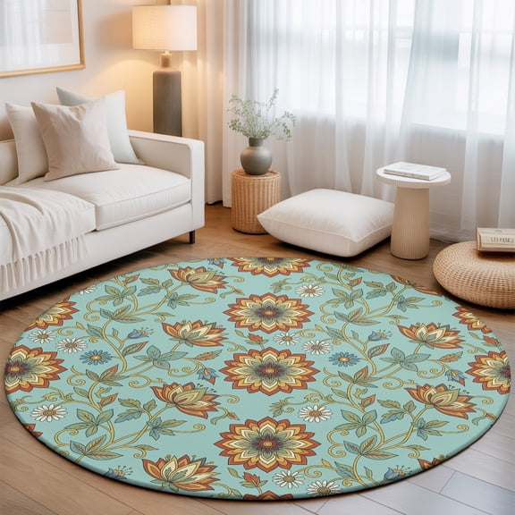 Vintage Floral 8' Round Rug for Open Concept Living Room Seating Zone, Elegant Pastel Botanical Flower Vines Leaf Light Blue Washable Non Slip Large Circle Area Rug