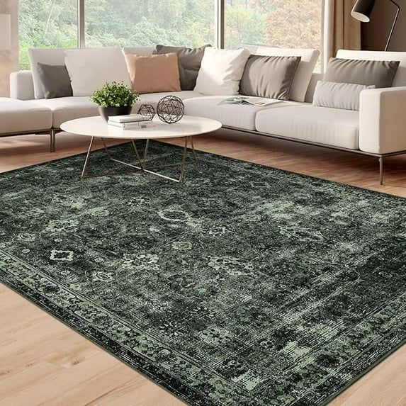 Vintage Floral 9x12 Rugs Reddish Brown Washable Area Rug for Bedroom Living Room Non Slip Boho Rug Thin Printed Faux Wool Soft Floor Carpet for Dining Room Nursery Playroom Indoor Office
