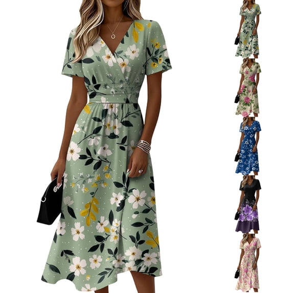 Vintage Floral A-Line Midi Dress for Women - V-Neck Short Sleeve High Waist Summer Maxi, Flowy Boho Beach Wedding Guest Party Gown with Ruched Waist Navy L