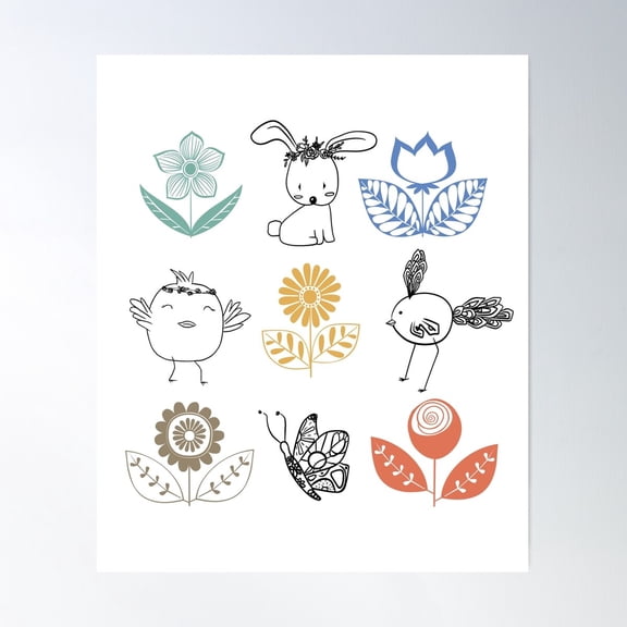 Vintage Floral & Animal Illustration – Retro Nature Aesthetic Design Poster Wall Art, Modern Wall Decor For Living Room Bedroom, 8x12 UNFRAMED