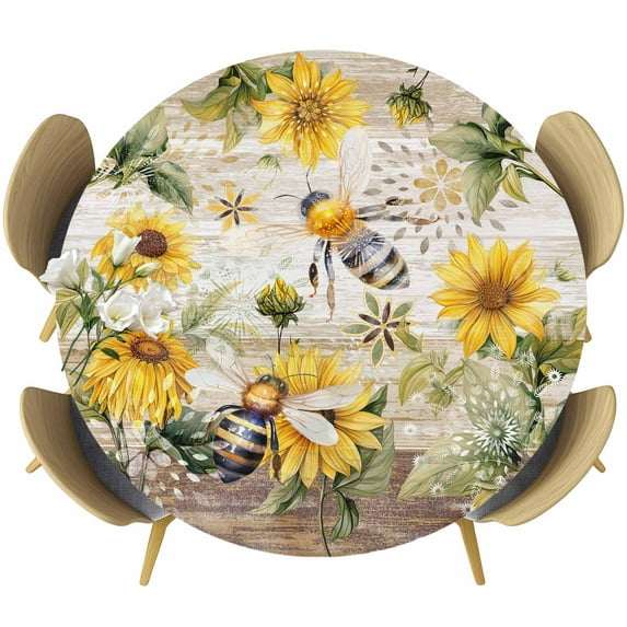 Vintage Floral Animal Round Fitted Table Cover Bee Sunflower Leaves Brown Wood Grain Waterproof Table Cloth with Elastic Edge Wipeable Tablecloth for Picnic Camping Party Fits 36"-44" Diameter