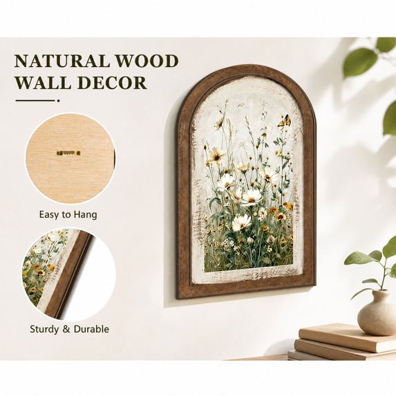 Vintage Floral Arch Framed Wall Art with Double-Layer Wooden Frame and Wildflower Butterfly Motif for Living Room Wall Decor