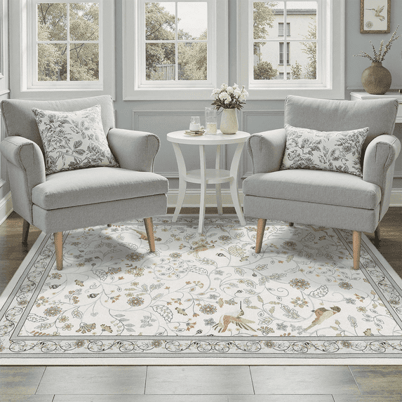 Vintage Floral Area Rug 3x5, Machine Washable Botanical Bird Rug Non Slip Soft Low Pile Carpet for Living Room, Bedroom, Reading Nook, Garden-Beige