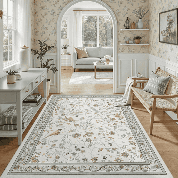 Vintage Floral Area Rug 4x6, Machine Washable Botanical Bird Rug Non Slip Soft Low Pile Carpet for Living Room, Bedroom, Reading Nook, Garden-Beige