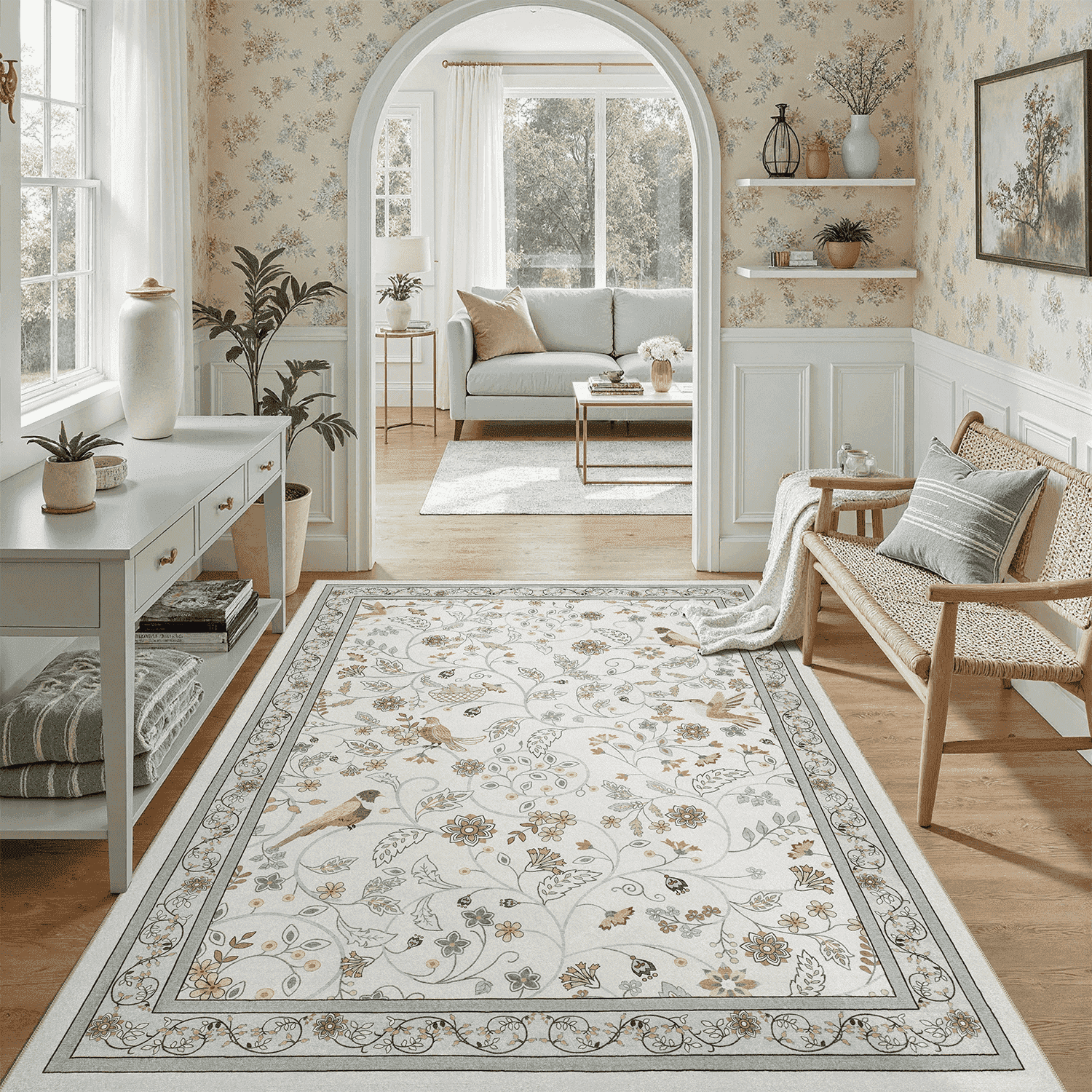 Vintage Floral Area Rug 5x7, Machine Washable Botanical Bird Rug