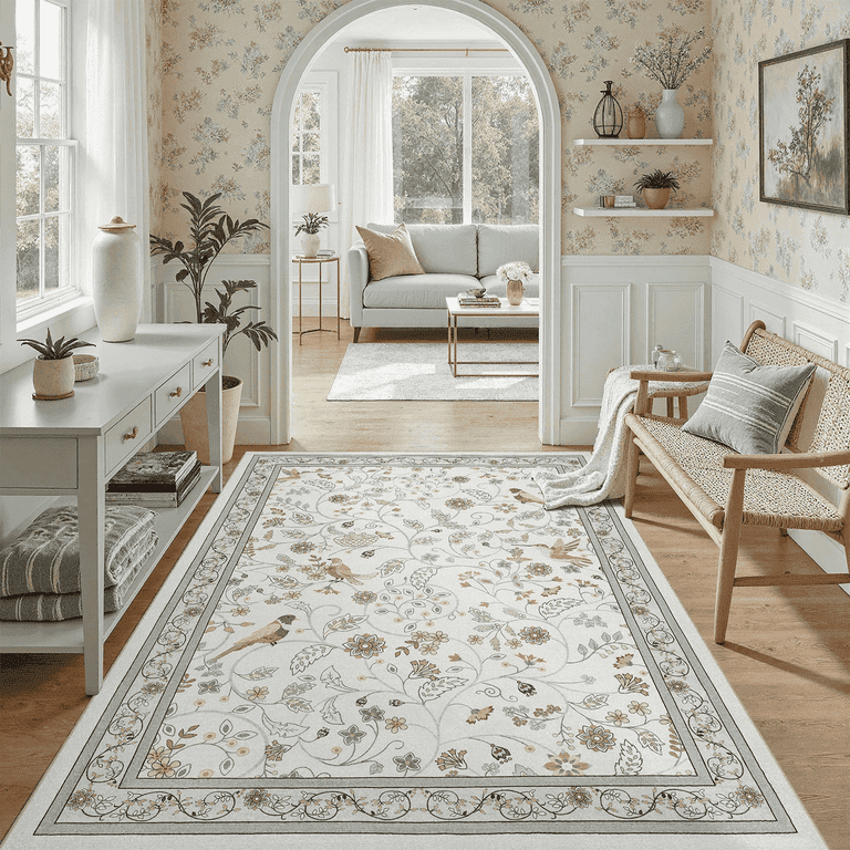 Vintage Floral Area Rug 5x7, Machine Washable Botanical Bird Rug
