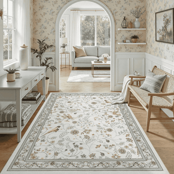 Vintage Floral Area Rug 5x7, Machine Washable Botanical Bird Rug Non Slip Soft Low Pile Carpet for Living Room, Bedroom, Reading Nook, Garden-Beige