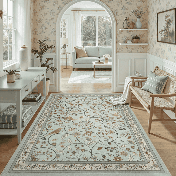 Vintage Floral Area Rug 5x7, Machine Washable Botanical Bird Rug Non Slip Soft Low Pile Carpet for Living Room, Bedroom, Reading Nook, Garden-Green