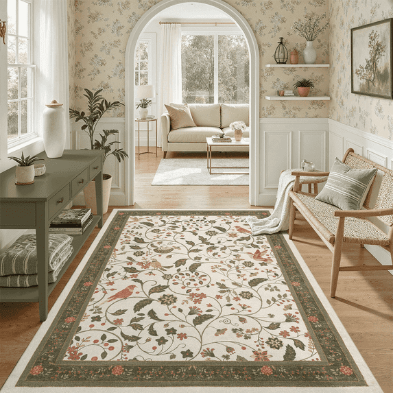 Vintage Floral Area Rug 5x7, Machine Washable Botanical Bird Rug Non Slip Soft Low Pile Carpet for Living Room, Bedroom, Reading Nook-Olive Green