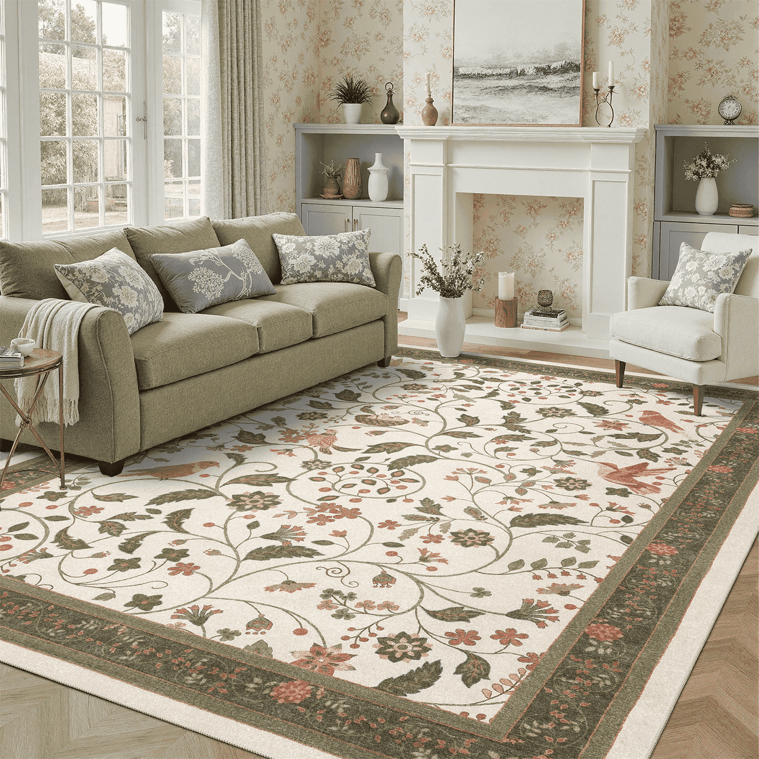 Vintage Floral Area Rug 6x9, Machine Washable Botanical Bird Rug