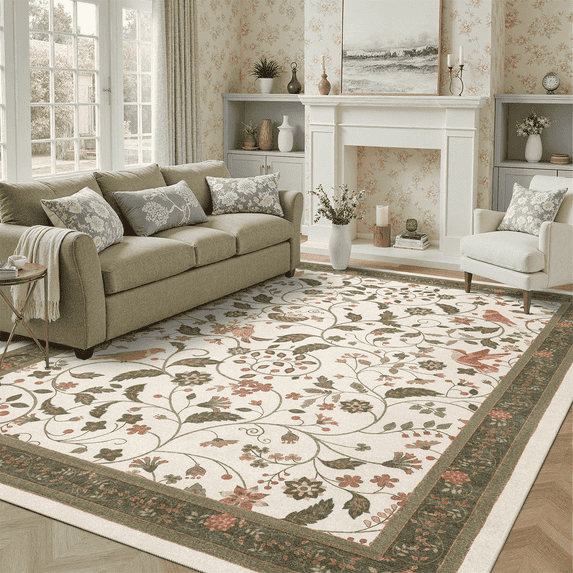 Vintage Floral Area Rug 6x9, Machine Washable Botanical Bird Rug Non Slip Soft Low Pile Large Carpet for Living Room, Bedroom, Dining Room-Olive Green