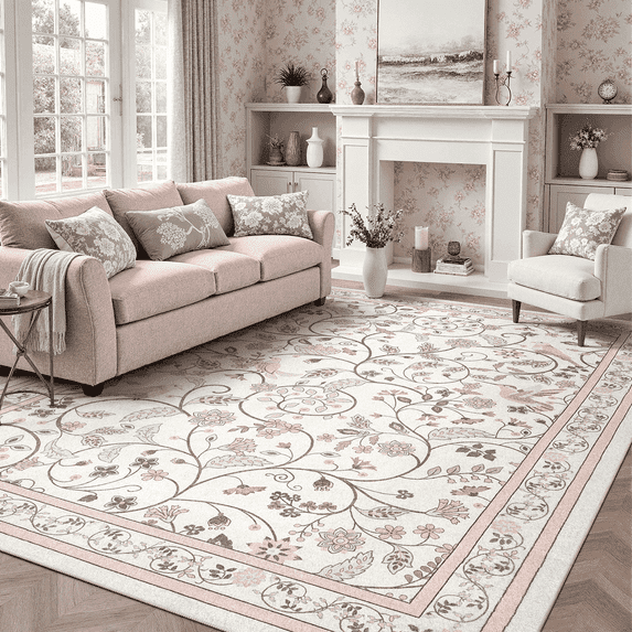 Vintage Floral Area Rug 6x9, Machine Washable Botanical Bird Rug Non Slip Soft Low Pile Large Carpet for Living Room, Bedroom, Dining Room-Pink