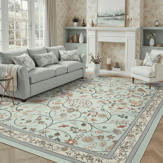 Vintage Floral Area Rug 8x10, Machine Washable Botanical Bird Rug Non Slip Soft Low Pile Large Carpet for Living Room, Bedroom, Home Office-Mint Green