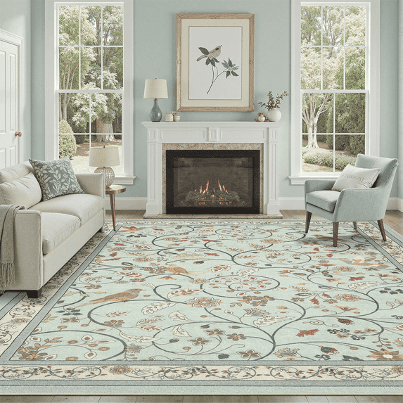 Vintage Floral Area Rug 9x12, Machine Washable Botanical Bird Rug Non Slip Soft Low Pile Large Carpet for Living Room, Bedroom, Home Office-Mint Green