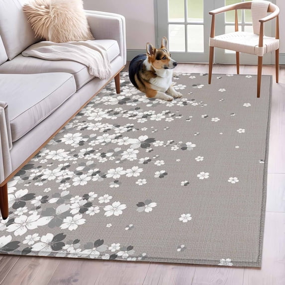 Vintage Floral Area Rugs 3'x5', Washable Small Throw Rugs for Living Room Bedroom, White Cherry Flowers Blossom Spring Gray Indoor Outdoor Rug Non-Slip Low Pile Carpet Runner Reversible Floor Mats