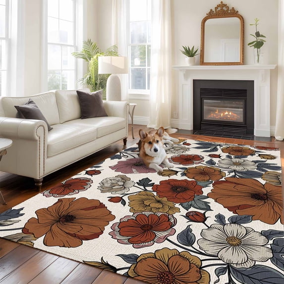 Vintage Floral Area Rugs 5x7 ft Red Pink Yellow White Flowers Retro Linen Washable Rug Non Slip Indoor Carpet Absorbent Floor Mat for Living Room Bedroom Dining Room