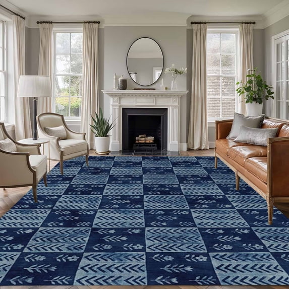 Vintage Floral Area Rugs 8'x10', Washable Small Throw Rugs for Living Room Patio, Abstract Flowers Patchwork Country Navy Blue Indoor Outdoor Rug Non-Slip Low Pile Carpet Runner Reversible Floor Mats