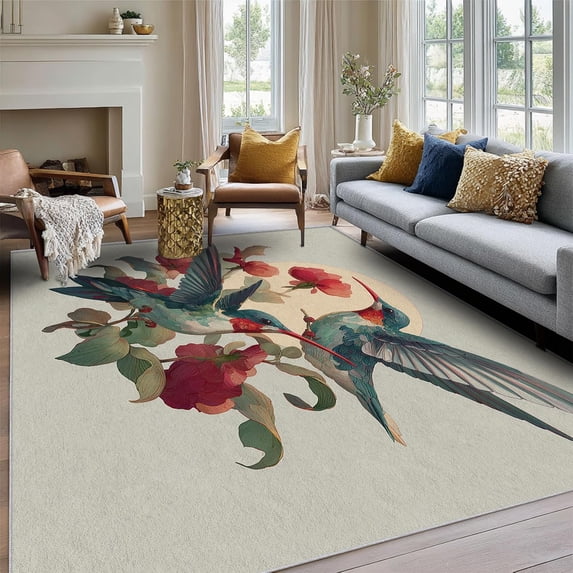 Vintage Rug Vintage Floral Area Rugs, Hummingbird Bird Pattern Carpet, Washable Non ...