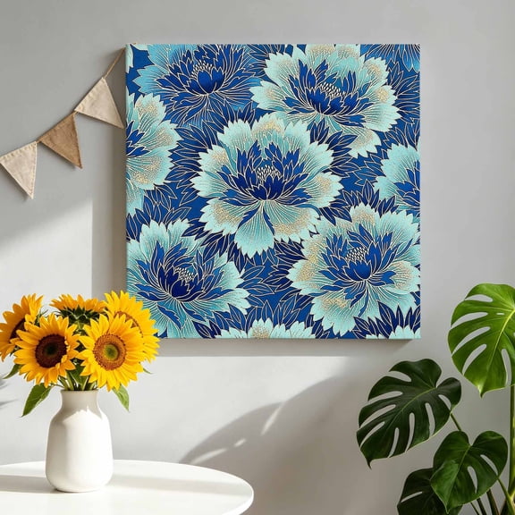 Vintage Floral Art Canvas Wall Art, Rustic Gold Blue Peonies Petals Leaves Pictures Wall Decor Wooden Framed Artwork Art Prints for Living Room Hallway Bedroom Office 8"x8"