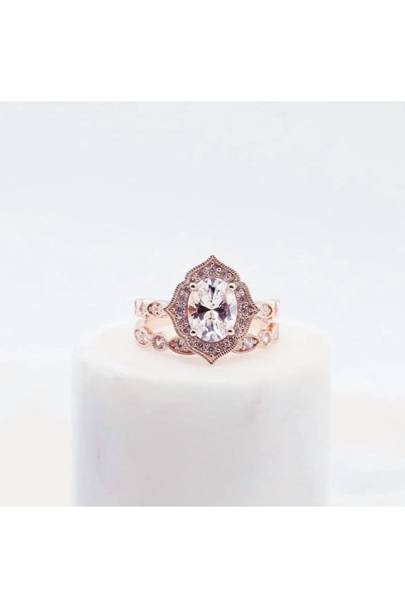 Vintage Floral Art Deco Bridal Set – Oval Cut Wedding Ring Set in 14K Rose Gold Vermeil – Classic Flora Statement Engagement Ring for Women