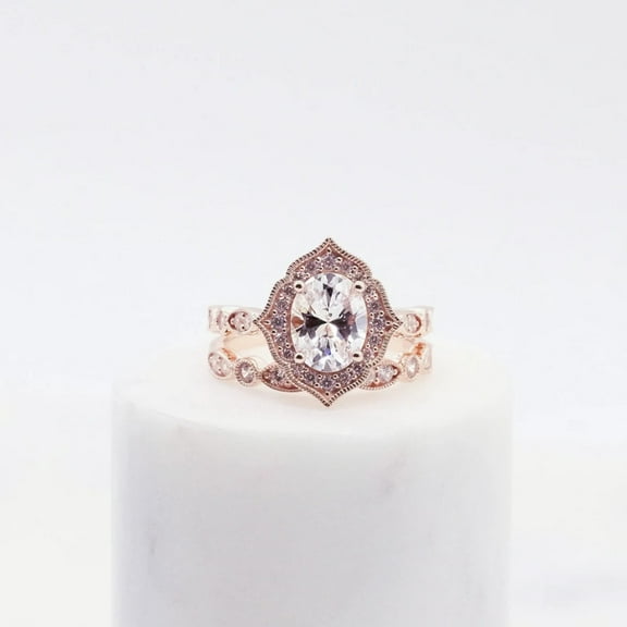 Vintage Floral Art Deco Bridal Set – Oval Cut Wedding Ring Set in 14K Rose Gold Vermeil – Classic Flora Statement Engagement Ring for Women