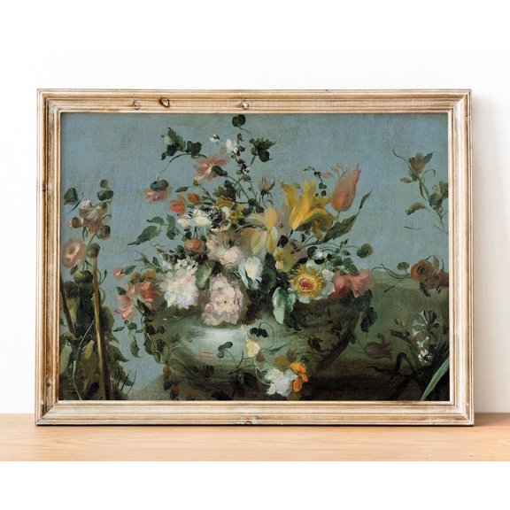 Vintage Floral Art Poster: Moody Still Life Home Decor, Stretched Canvas Size 16x24