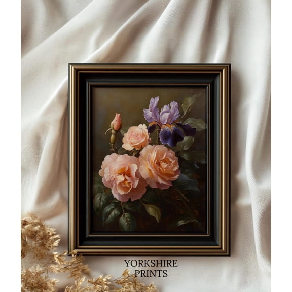 Vintage Floral Art Print, Peach Roses & Purple Iris Home Decor #3695, 8x12 UNFRAMED